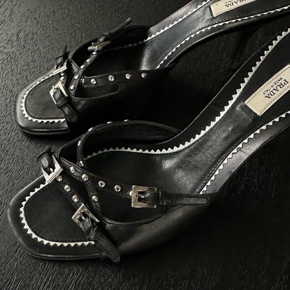SOLD‼️ PRADA Black Leather Studded Straps Kitten Heels Sandals Mules Shoes - Picture 3 of 7